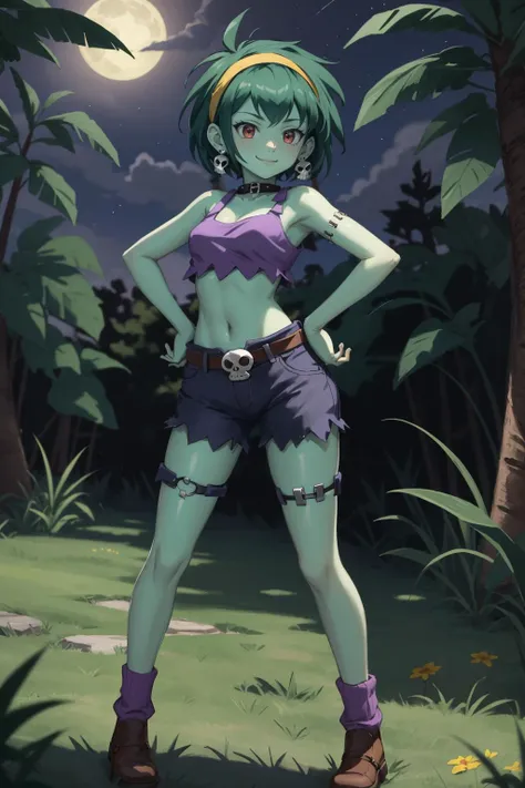 masterpiece, best quality, rottytops, hairband, skull earrings, purple crop top, belt, short shorts, purple socks, boots, forest, night, spider web, standing, looking at viewer, contrapposto, smirk <lora:rottytops-nvwls-v1-000012:0.9>