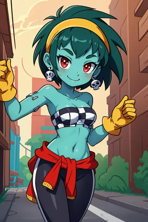 masterpiece, best quality, rottytops, hairband, skull earrings, checkered bandeau, yellow gloves, clothes around waist, sweatpants, cowboy shot, clenched fists, one arm up, smile, looking at viewer, road <lora:rottytops-nvwls-v1-000012:0.9>