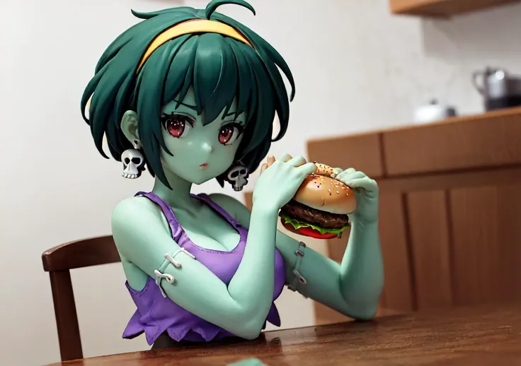 masterpiece:1.2, best quality, 1girl, rottytops, hairband, skull earrings, purple crop top, belt, short shorts, purple socks, boots, upper body, sitting at table, up close, kitchen background, green skin:0.6-0.8 <lora:rottytops-nvwls-v1-final:0.9>, two-handed burger, holding a huge burger with both hands, eating, ((looking at viewer))