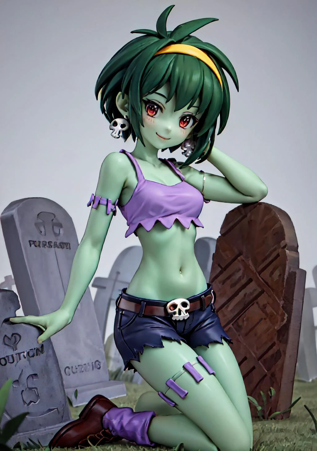 masterpiece:1.2, best quality, 1girl, rottytops, hairband, skull earrings, purple crop top, belt, short shorts, purple socks, boots, full body, close up, smiling, ((graveyard background)), misty, green skin:0.6-0.8 <lora:rottytops-nvwls-v1-final:0.8>, looking at viewer