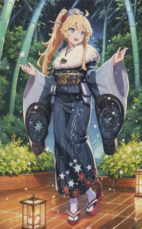 masterpiece, best quality, highres, 1girl, solo,
iowa \(kancolle\),  IowaKimono,  japanese clothes, hair flower, kanzashi,
alternate hairstyle, ahoge, folded ponytail , blue eyes, (star-shaped pupils:1.2),
(headgear:1.1), hair ornament,
vertical-striped kimono, fur trim, fur-trimmed kimono, furisode, obi, obiage, obijime
tabi, geta looking up, night sky, blue scheme, full body, bamboo forest, shimenawa, kadomatsu, standing, tachi-e,  <lora:[Con]standingFullBodyWithBackgroundStyle_v10Offset:1>
paper lantern, back lighting, night, outdoors, festival,  seigaiha, egasumi, ema, illustration, digital art, extremely detailed, east asian architecture, wooden floor, building, trending
