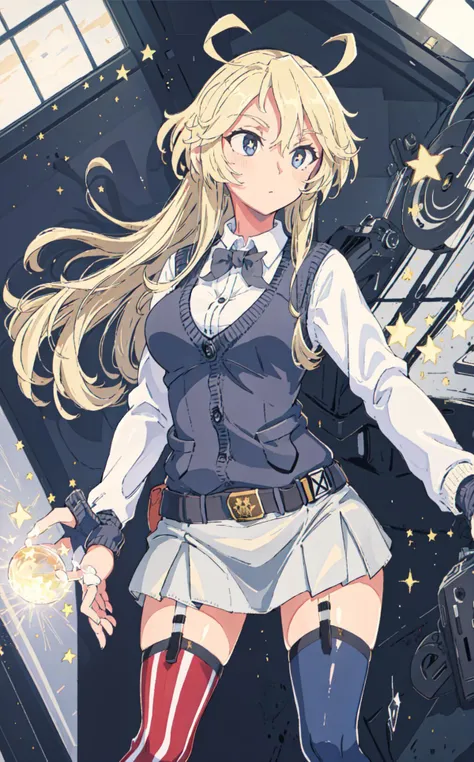 masterpiece, best quality, highres,
illustration, digital art, extremely detailed,  
 <lora:[Art]ligneClaireStyleCogecha_30:0.8>, 1girl, solo,
<lora:KC_IowaV6F-000009:0.9:ALL> <lora:[Fix]hipoly3DModelLora_v10:0.3>, 1girl, solo,
iowa \(kancolle\), IowaOther, alternate costume,  ahoge, blue eyes, (star-shaped pupils:1.2),long hair,large breasts, 
sweater, cardigan, sweater vest, thighhighs, kneehighs, school uniform,