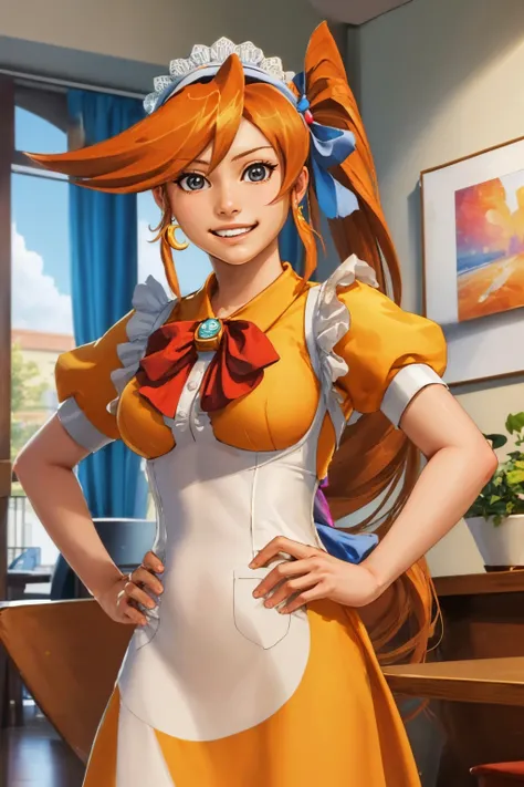 (masterpiece, best quality:1.2), solo, 1girl, athena cykes, grin, looking at viewer, hands on hips, side ponytail, hair ribbon, tresbien, orange dress, crescent earrings, restaurant <lora:aa_athenacykes_v11:0.8> <lora:attire_aa_waitress:1.0>