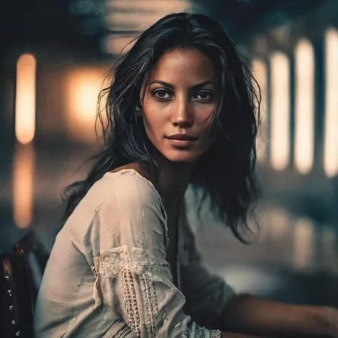 zxct, a woman  , sitting , soft smile,  looking at viewer , straight hair, capturing a half-body shot  with intricately detailed skin, Shot in Cinematic style with a 70mm lens, the atmosphere is one of haunting beauty and desolation, rendered in hyper-detailed 8K resolution , <lora:Christy_Turlingtonxl1:1>
