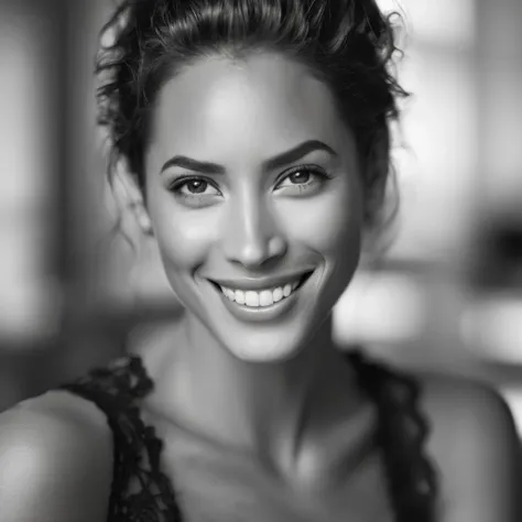 zxct,  woman with a black shirt and a black top, smile, capturing a half-body  with intricately detailed skin and facial texture. She is positioned in an indoor setting featuring minimalist furniture and decor. The image is shot in Photographic style using a Canon EOS R5 equipped with a 70mm lens, [high quality revealing intricate details such as the texture of her skin]. , utilizing sharp focus and studio lighting to emphasize the skin and facial details, rendered in black & white to (bring out contrast and depth), captured in hyper-detailed 8K resolution. <lora:Christy_Turlingtonxl1:1>