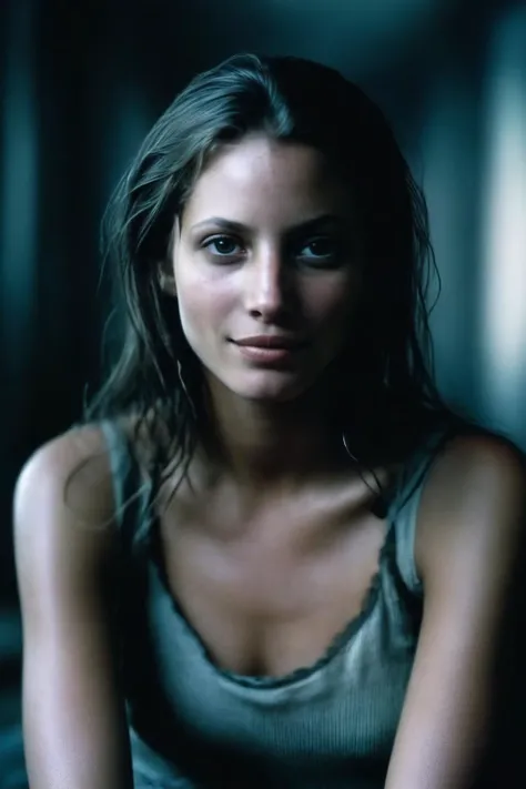 zxct, a woman , sitting , soft smile, looking at viewer , straight hair, capturing a half-body shot with intricately detailed skin, Shot in Cinematic style with a 70mm lens, the atmosphere is one of haunting beauty and desolation, rendered in hyper-detailed 8K resolution , <lora:Christy_Turlingtonxl1:1>