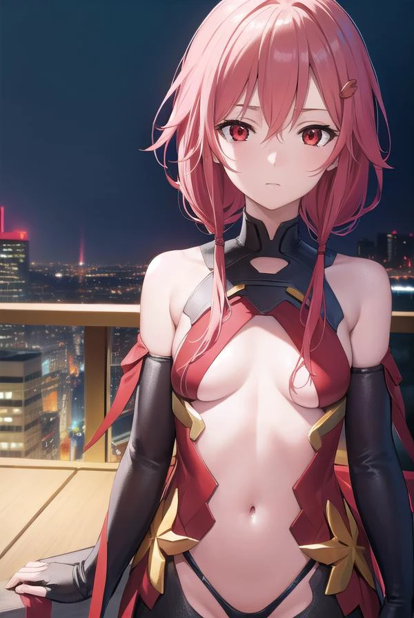 inoriyuzuriha, <lora:inoriyuzuriha-lora-nochekaiser:1>,
inori yuzuriha, hair ornament, hairclip, long hair, pink hair, (red eyes:1.5), twintails, (small breasts:1.2),
BREAK bare shoulders, black thighhighs, center opening, cleavage, detached sleeves, elbow gloves, fingerless gloves, gloves, navel, thighhighs, dress, red dress,
BREAK night, night sky, sky, star \(sky\), star \(symbol\), city,
BREAK looking at viewer, (cowboy shot:1.5),
BREAK <lyco:GoodHands-beta2:1>, (masterpiece:1.2), best quality, high resolution, unity 8k wallpaper, (illustration:0.8), (beautiful detailed eyes:1.6), extremely detailed face, perfect lighting, extremely detailed CG, (perfect hands, perfect anatomy),