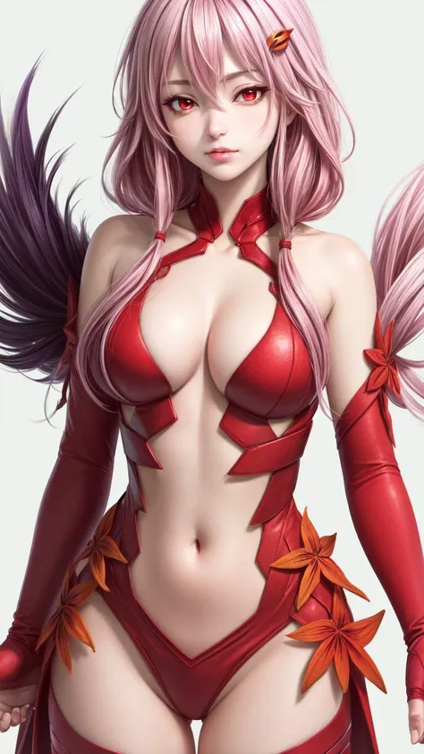 <lora:GoodHands-vanilla:1>, (masterpiece, 4k, best quality:1.2, ((cowboy shot)), best quality:1.2, NICE HANDS, COLORFUL, (perfect hands, perfect anatomy)),
inori yuzuriha, hair ornament, hairclip, long hair, pink hair, (red eyes:1.5), twintails,
bare shoulders, black thighhighs, center opening, cleavage, detached sleeves, elbow gloves, fingerless gloves, gloves, navel, thighhighs, dress, red dress,
((medium breasts, big hips, looking at the viewer, cleavage)), ((arms up, hands behind head)),
((simple background, white background))