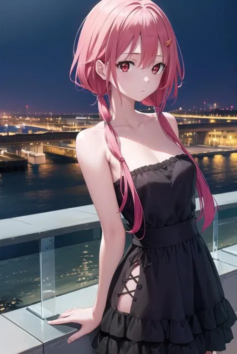 inoriyuzuriha, <lora:inoriyuzuriha-lora-nochekaiser:1>, 
inori yuzuriha, hair ornament, hairclip, long hair, pink hair, (red eyes:1.5), twintails,
BREAK black dress, dress, strapless, strapless dress,
BREAK night, night sky, sky, star \(sky\), star \(symbol\), city,
BREAK looking at viewer, (cowboy shot:1.5),
BREAK <lyco:GoodHands-beta2:1>, (masterpiece:1.2), best quality, high resolution, unity 8k wallpaper, (illustration:0.8), (beautiful detailed eyes:1.6), extremely detailed face, perfect lighting, extremely detailed CG, (perfect hands, perfect anatomy),