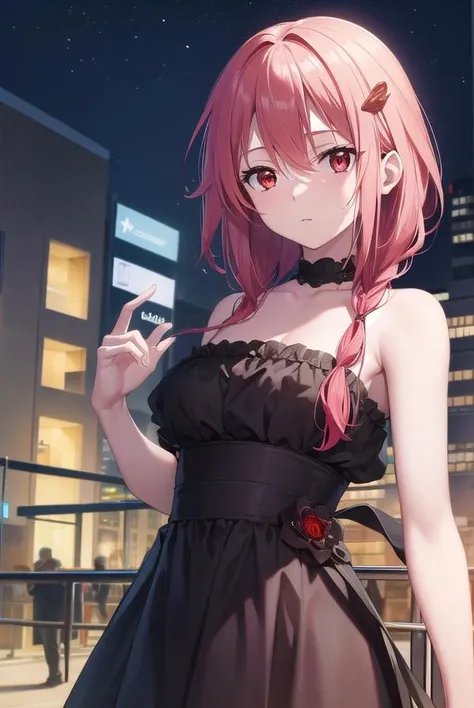inoriyuzuriha, <lora:inoriyuzuriha-lora-nochekaiser:1>,
inori yuzuriha, hair ornament, hairclip, long hair, pink hair, (red eyes:1.5), twintails,
BREAK black dress, dress, strapless, strapless dress,
BREAK night, night sky, sky, star \(sky\), star \(symbol\), city,
BREAK looking at viewer, (cowboy shot:1.5),
BREAK <lyco:GoodHands-beta2:1>, (masterpiece:1.2), best quality, high resolution, unity 8k wallpaper, (illustration:0.8), (beautiful detailed eyes:1.6), extremely detailed face, perfect lighting, extremely detailed CG, (perfect hands, perfect anatomy),