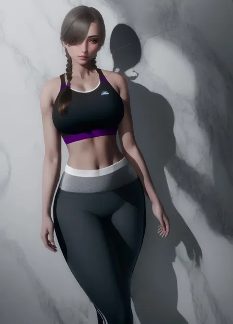 <lora:Etherium-dalia:1>, Etherium-dalia, 1girl, breasts, solo, dark grey hair, navel, medium breasts, standing, shadow, hair over one eye, long hair, median furrow, twin braids, brown eyes, looking at viewer, blush, sports bra, pants,
