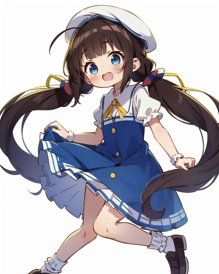 1girl, full body,
<lora:AiHinatsuru:0.8>, AiHinatsuru, female ,
long hair, very long hair, brown hair, twintails, low twintails, ahoge, blue eyes, blush,
school uniform, dress, blue dress, beret, white headwear, ribbon, yellow ribbon, socks, white socks, short sleeves,
