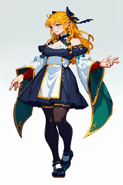 <lora:Cps2V3test_Fp:0.8> fighting stance, ultra detailed, masterpiece, best quality, solo, soft smile, light smile,
1girl, blue eyes, very long hair, blonde hair, long blonde hair, french braid, bangs, medium breasts,
hair ribbon, frilled choker, criss-cross halter, sleeveless dress, high-waist skirt, backless dress, waist bow, detached sleeves, frilled sleeves, wide sleeves, pantyhose, patterned legwear, mary janes,