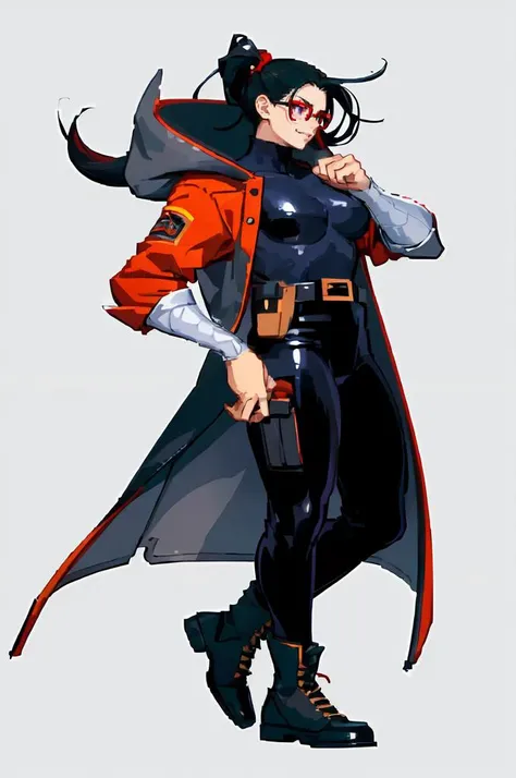 <lora:Cps2V3test_Fp:0.8> fighting stance, simple background, ultra detailed, masterpiece, best quality, solo,
smug smile,
1girl, purple eyes, red-framed eyewear, (black hair, red colored tips:1.2), red streaked hair, very long hair, side ponytail, tied hair, medium breasts,
coat on shoulders, red dress, sleeves rolled up, fingerless gloves, holster, belt, multiple belts, combat boots, bulletproof vest, pants, black coat, tactical clothes,