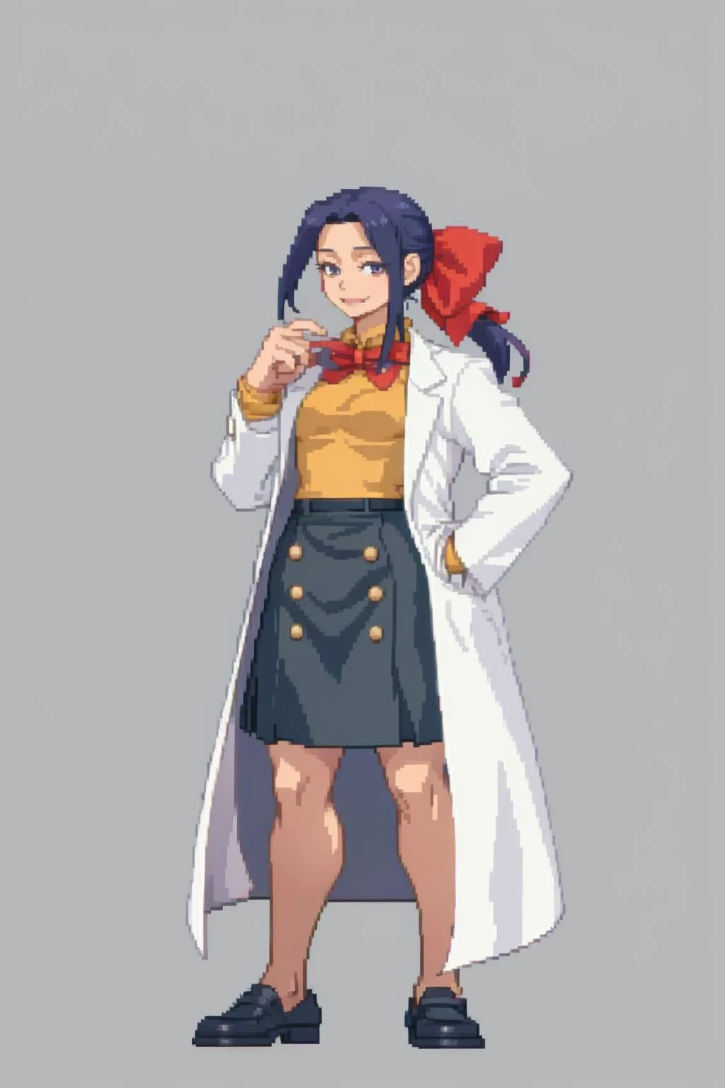 masterpiece, best quality, solo, 1girl, smile, <lora:Cps2V3test_Fp:0.8>, simple background, full body, standing, <lora:Mari_Fp:1>, maridesu, hair bow, ponytail, labcoat, skirt, ribbon