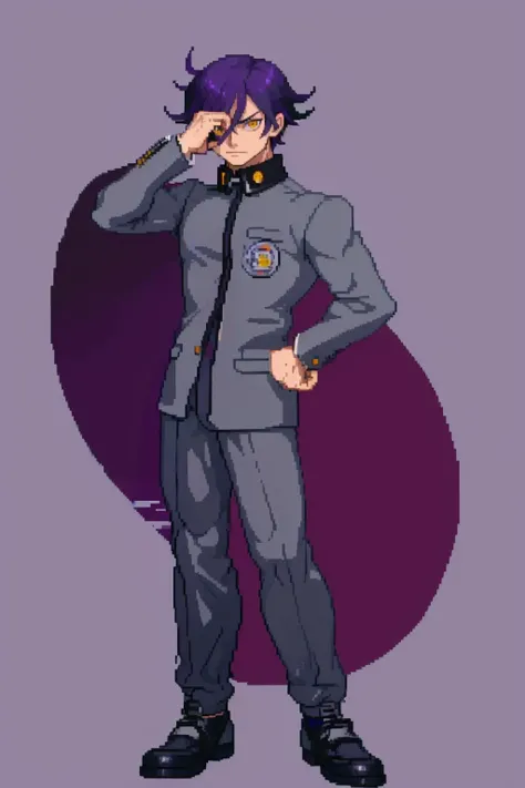 masterpiece, best quality, solo, 1boy, <lora:Cps2V3test_Fp:0.8>, simple background, full body, fighting stance, <lora:NaoyaV3:1> Naoya, school uniform, grey pants, purple eyes, (hand on own face), heterochromia, yellow eyes,
