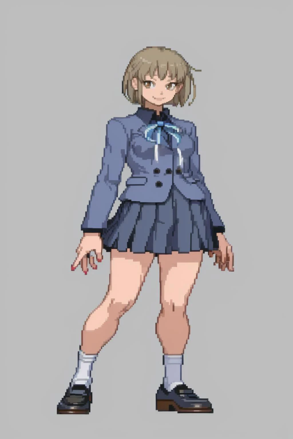 masterpiece, best quality, solo, 1girl, smile, <lora:Cps2V3test_Fp:0.9>, simple background, full body, standing, <lora:Io_Fp:1>, iodesu2, school uniform, ribbon, skirt, socks