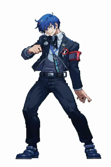 masterpiece, best quality, solo, 1boy, smile, <lora:Cps2V3test_Fp:0.8>, simple background, full body, <lora:MakotoP3_Fp:1>, makotop3, school uniform, armband, pants, digital media player,