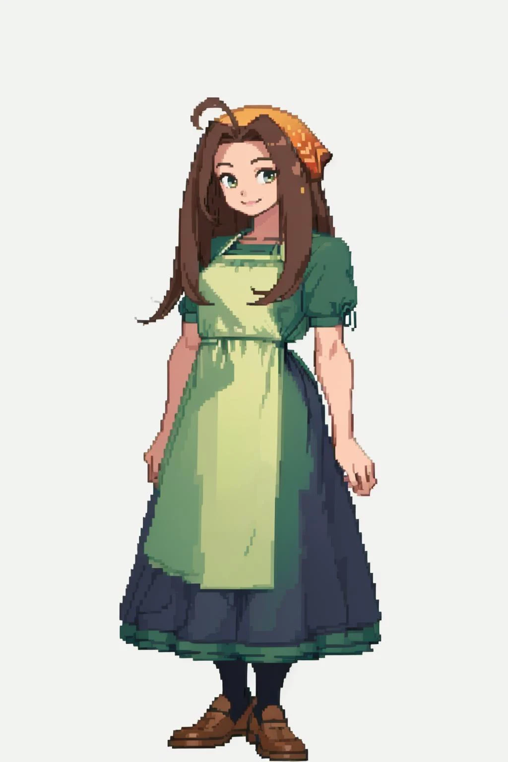 masterpiece, best quality, solo, 1girl, looking at viewer, smile, <lora:Celia_Fp:1>, celiahm, dress, apron, bandana, green shirt, arms behind back, <lora:Cps2V3test_Fp:0.8>, simple background, full body,