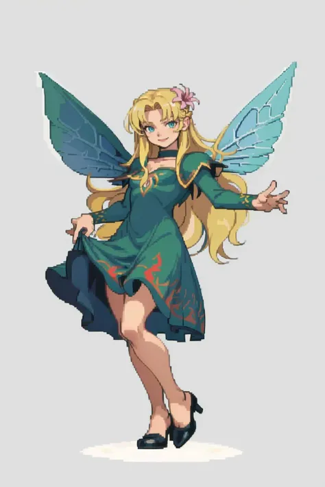masterpiece, best quality, solo, 1girl, smile, <lora:Cps2V3test_Fp:0.8>, simple background, full body, standing, <lora:TitaniaNew:1> titaniasmt, green dress, fairy wings, hair flower, floating,