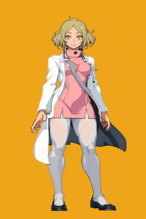 masterpiece, best quality, solo, 1girl, smile, looking at viewer, <lora:Otome_Fp:1>, otomedesu2, nurse, labcoat, pantyhose, <lora:Cps2V3test_Fp:0.8>, simple background, full body,
