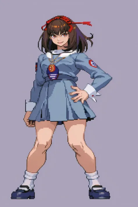 masterpiece, best quality, solo, 1girl, smile, looking at viewer, <lora:Cps2V3test_Fp:0.9>, simple background, full body, <lora:maki-nvwls-v1-final:0.9> sonomura maki, pendant, hair ribbon, school uniform, skirt, socks, mary janes, hand on hip,