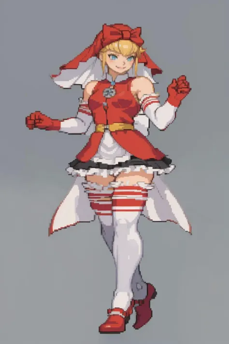 masterpiece, best quality, solo, 1girl, smile, <lora:Cps2V3test_Fp:0.8>, simple background, full body, standing, <lora:Idun:1>, red dress, veil, bow, thighhighs, gloves