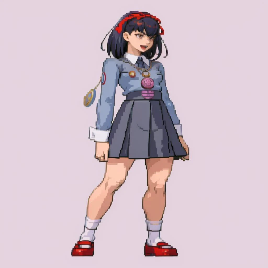 masterpiece, best quality, solo, 1girl, :d, <lora:Cps2V2_Fp:1>, simple background, full body, standing, <lora:maki-nvwls-v1-final:1> sonomura maki, pendant, hair ribbon, school uniform, skirt, socks, mary janes