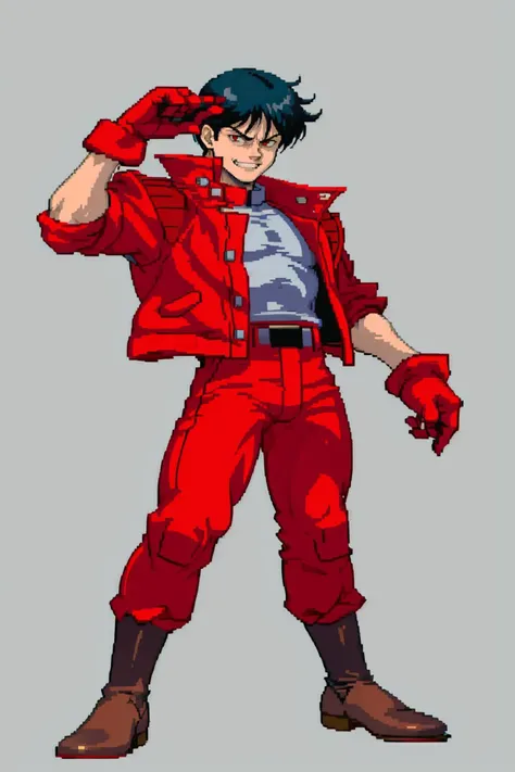 masterpiece, best quality, solo, 1boy, smirk, looking at viewer, <lora:Cps2V3test_Fp:0.8>, simple background, full body, <lora:akira_kaneda-11:0.8> kaneda shotaro, red jacket, red gloves, red pants, boots, arm up, (skinny)