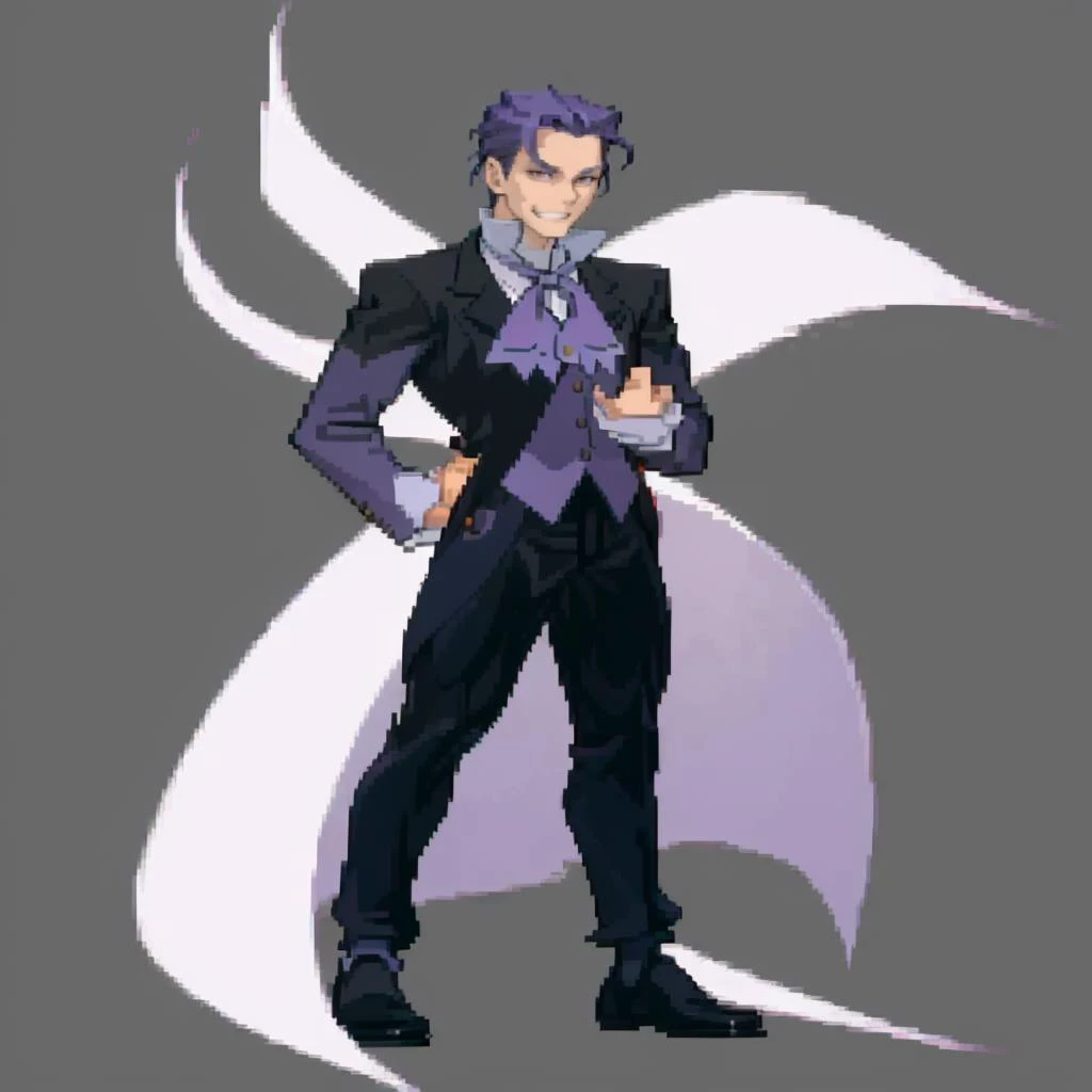 masterpiece, best quality, solo, 1boy, smirk, looking at viewer, <lora:Tico-M_Fp:1>, ticomdesu2, suit, ascot, pants, formal, <lora:Cps2V2_Fp:1>, simple background, full body, standing,