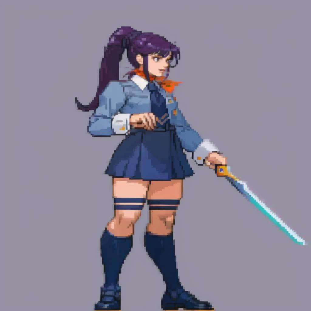 masterpiece, best quality, solo, 1girl, <lora:Cps2V2_Fp:1>, simple background, full body, standing, <lora:Eriko:1>, erikop1, school uniform, ponytail, holding sword, rapier,