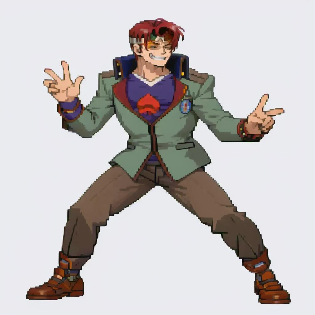 masterpiece, best quality, solo, 1boy, grin, <lora:Cps2V2_Fp:1>, simple background, full body, fighting stance, <lora:Brown:1> brownp1, school uniform, goggles, goggles on head,