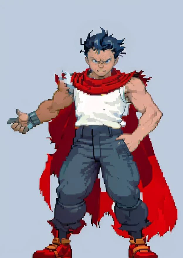 masterpiece, best quality, solo, 1boy, expressionless, <lora:Cps2V2_Fp:1>, simple background, standing, full body, <lora:akira_shima-10:0.8> shima tetsuo, tank top, red cape, blue pants, hands in pockets, young, torn cape, (short:1.6)