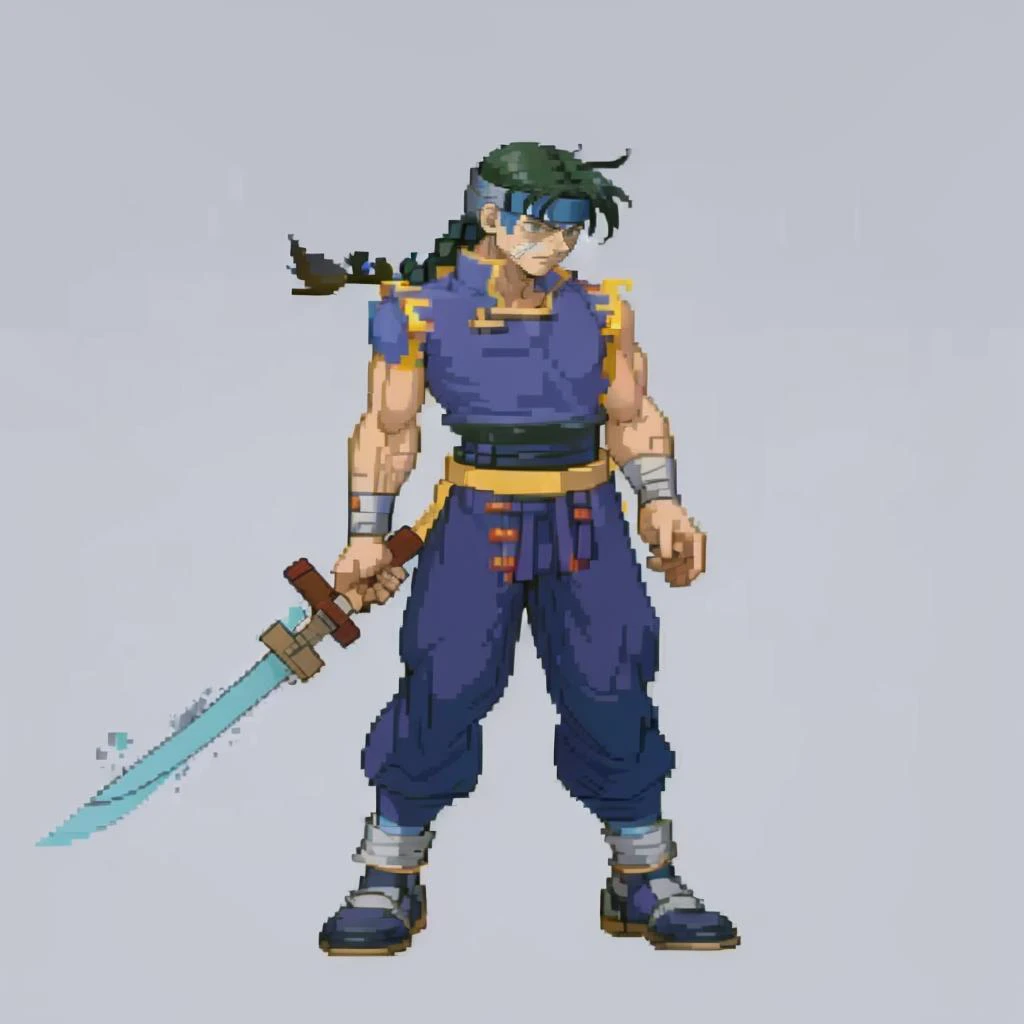 masterpiece, best quality, solo, 1boy, <lora:Cps2V2_Fp:1>, simple background, full body, standing, <lora:Guy_Fp:1>, guyfe, blue shirt, pants, boots, headband, braid, bandages, holding sword,