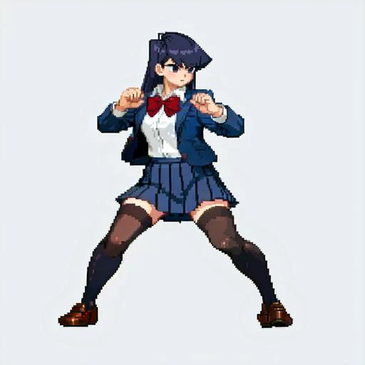 masterpiece, best quality, solo, 1girl, komi shouko, school uniform, jacket, stockings, simple background, full body, fighting stance, school uniform, <lora:komiCantCommunicate:0.8>, <lora:Cps2V2_Fp:0.8>, <lora:pixel_f2:0.3>