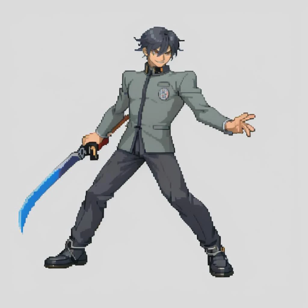 masterpiece, best quality, solo, 1boy, smile, <lora:Cps2V2_Fp:1>, simple background, <lora:NaoyaV3:1> Naoya, school uniform, grey pants, full body, standing, holding sword,