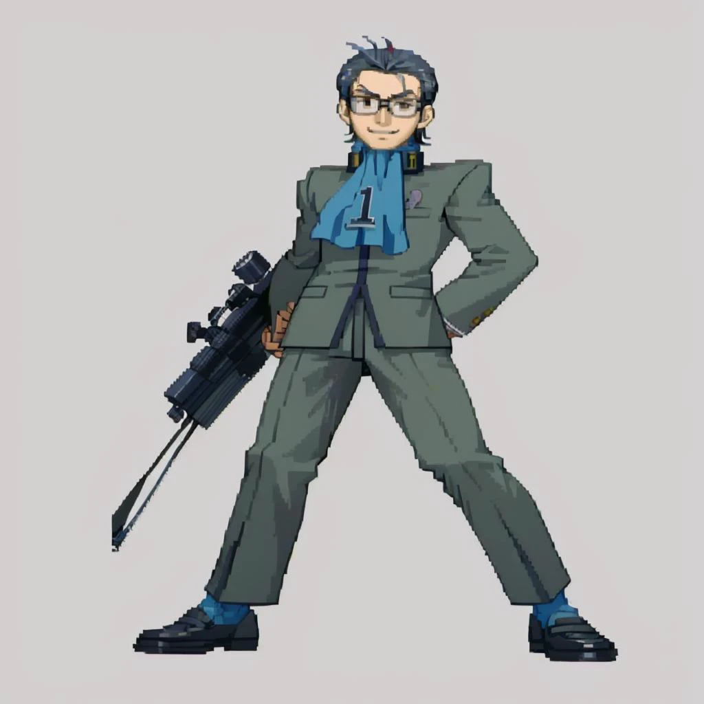 masterpiece, best quality, solo, 1boy, smile, <lora:Cps2V2_Fp:1>, simple background, full body, <lora:Nanjo:1>, nanjop1, school uniform, blue ascot, glasses, sniper rifle,
