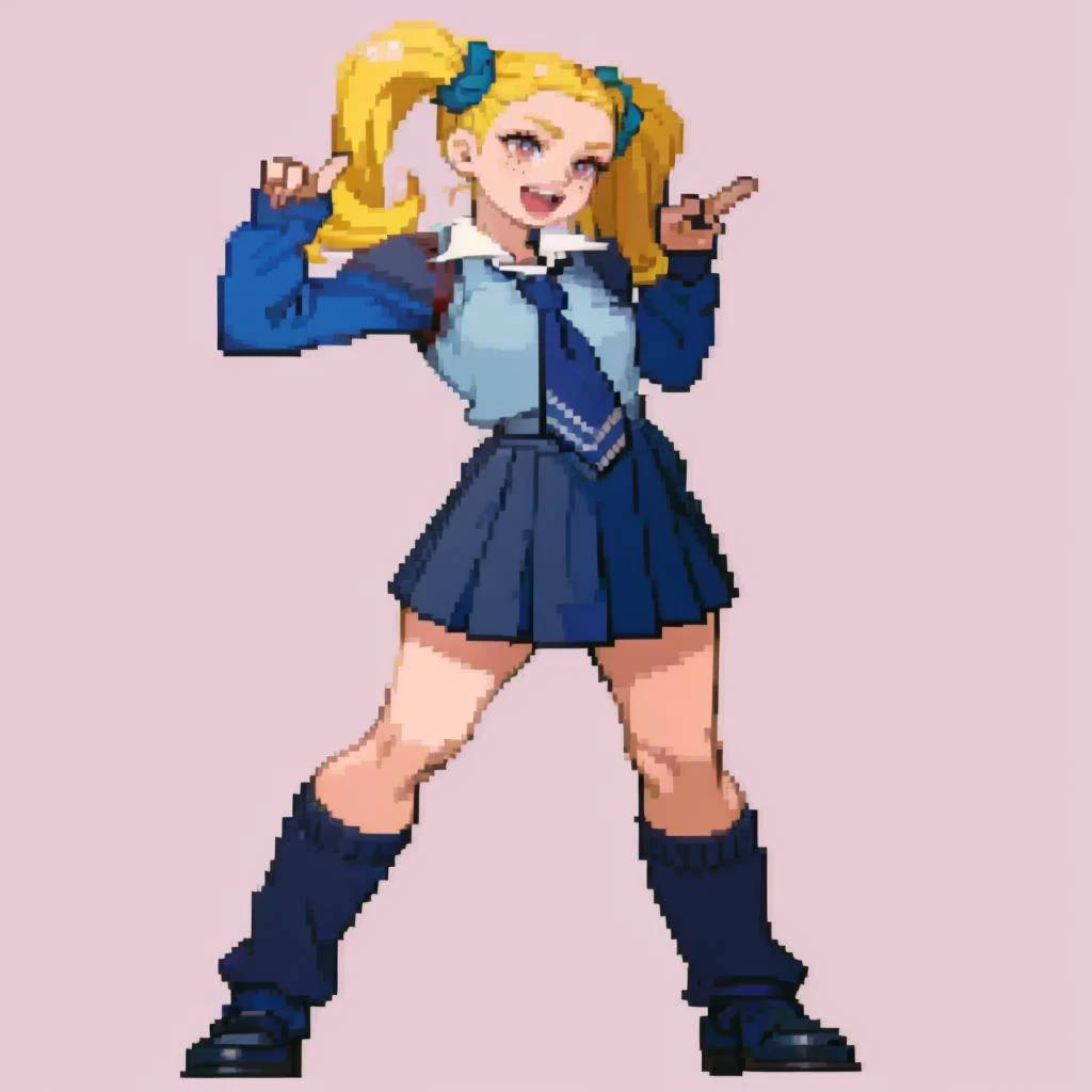 masterpiece, best quality, solo, 1girl, :d, <lora:Cps2V2_Fp:1>, simple background, full body, standing, <lora:Ayase:1>, ayasep1, school uniform, necktie, twintails, freckles, arms up,