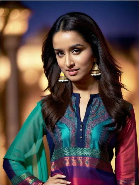 ultrarealistic portrait photo of a woman, shraddha kapoor, outdoors, looking looking at camera, ultrasharp, high neck colorful (salwar_kurta:1.2) with intricate design, night time, f4, analog kodachrome, beautiful bokeh background  <lora:Shraddha_Kapoor_SDXL_LoRA:1>