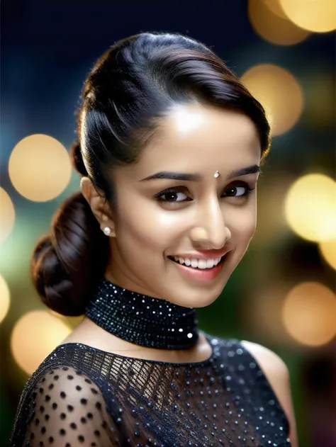 ultrarealistic photo of a shraddha kapoor woman, outdoors, realistic skin texture, looking looking at camera, high neck indian clothing, night time, smiling, beautiful bokeh background with deep blacks and bokeh balls <lora:Shraddha_Kapoor_SDXL_LoRA:1>