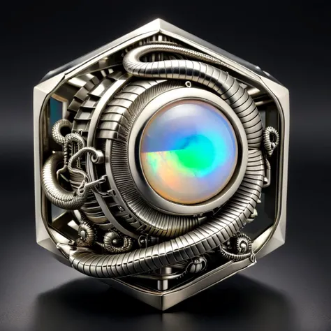 a silver and opal mechanical hexegonal cube, snake , giger style, <lora:silvercarvingcd_xl-000005:1> silvercarvingcd_xl ,