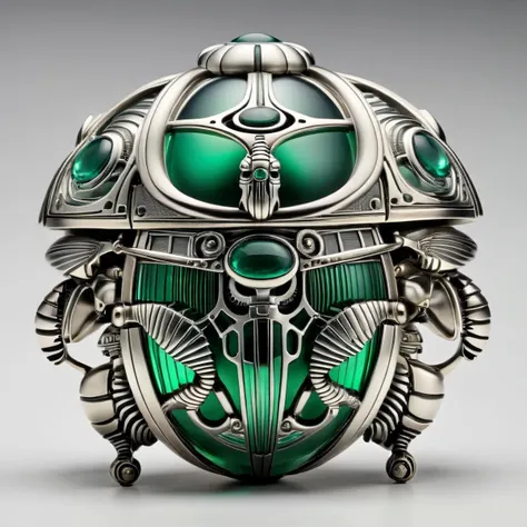 a silver and emerald mechanical hexegonal orb, scarab , giger style, <lora:silvercarvingcd_xl-000005:1> silvercarvingcd_xl ,