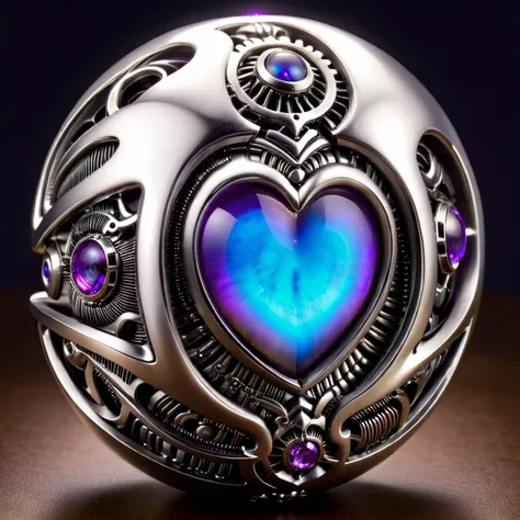 a silver and opal mechanical orb, giger style, <lora:silvercarvingcd_xl-000005:1> silvercarvingcd_xl , purple heart aura,
