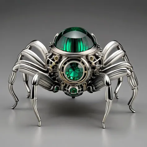 a silver and emerald mechanical hexegonal orb, spider , giger style, <lora:silvercarvingcd_xl-000005:1> silvercarvingcd_xl ,