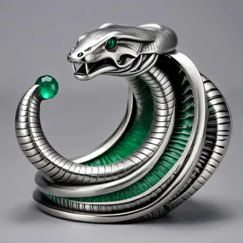 a silver and emerald mechanical hexegonal orb,  cobra snake , giger style,  <lora:silvercarvingcd_xl-000005:1> silvercarvingcd_xl ,