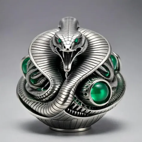a silver and emerald mechanical hexegonal orb, cobra snake , giger style, <lora:silvercarvingcd_xl-000005:1> silvercarvingcd_xl ,
