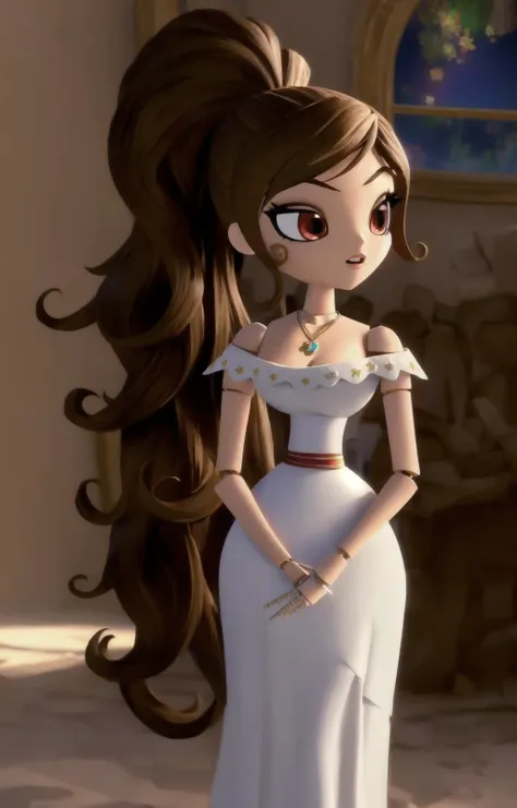 <lora:Maria PosadaLora:0.6>, (4k, hi res, masterpiece), very long hair, ponytail, necklace, joints, cleavage, bare shoulders, off shoulder, dress, joints:1.2