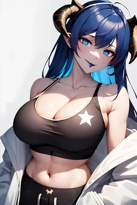 1girl, mostima (arknights), solo, blue hair, long hair, huge breasts,cleavage, horns, halo, upper body, white background, cleavage, navel, looking at viewer, smile, jacket, bare shoulders, blue eyes, midriff, simple background, star (symbol), open jacket, off shoulder, blush, open clothes, bangs, stomach, crop top, camisole, head tilt, large breasts, white shirt, brown jacket, collarbone, shirt, black jacket,spaghetti strap (blue tongue:1.5), white gym bra, (white sports bra:1.2), (white sports bra with a black star \(symbol\):1.2),