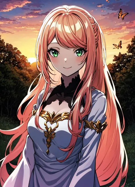 masterpiece, high quality, 8k,lexia, ((lexia)), 1girl, solo, green eyes, <lora:Lexia_Von_Arcelia-000014:0.8>, standing, white dress, forest, flowers, glow, fireflys, sunset, detailed background, beatiful lights, dynamic light, detailed dress, princess, <lora:GoodHands-beta2:1>, upper body, light smile