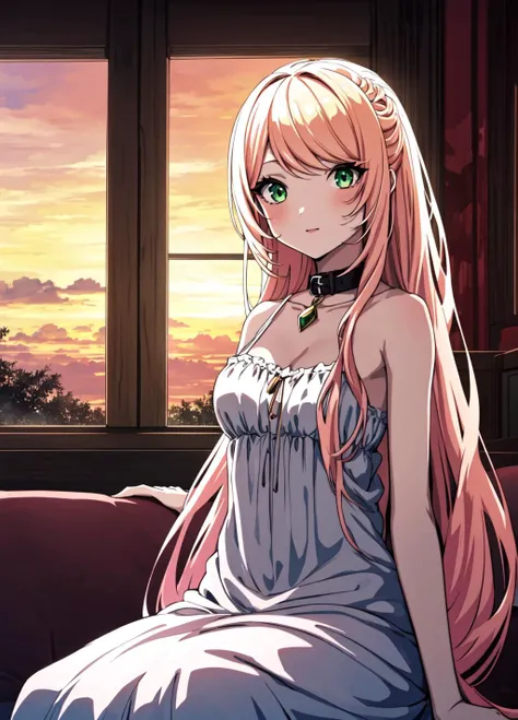 masterpiece, high quality, 8k,lexia, ((lexia)), 1girl, solo, green eyes, <lora:Lexia_Von_Arcelia-000014:0.8>, sitting on sofa, window, inroom, sunset, beatiful lights, white and pink dress, collar